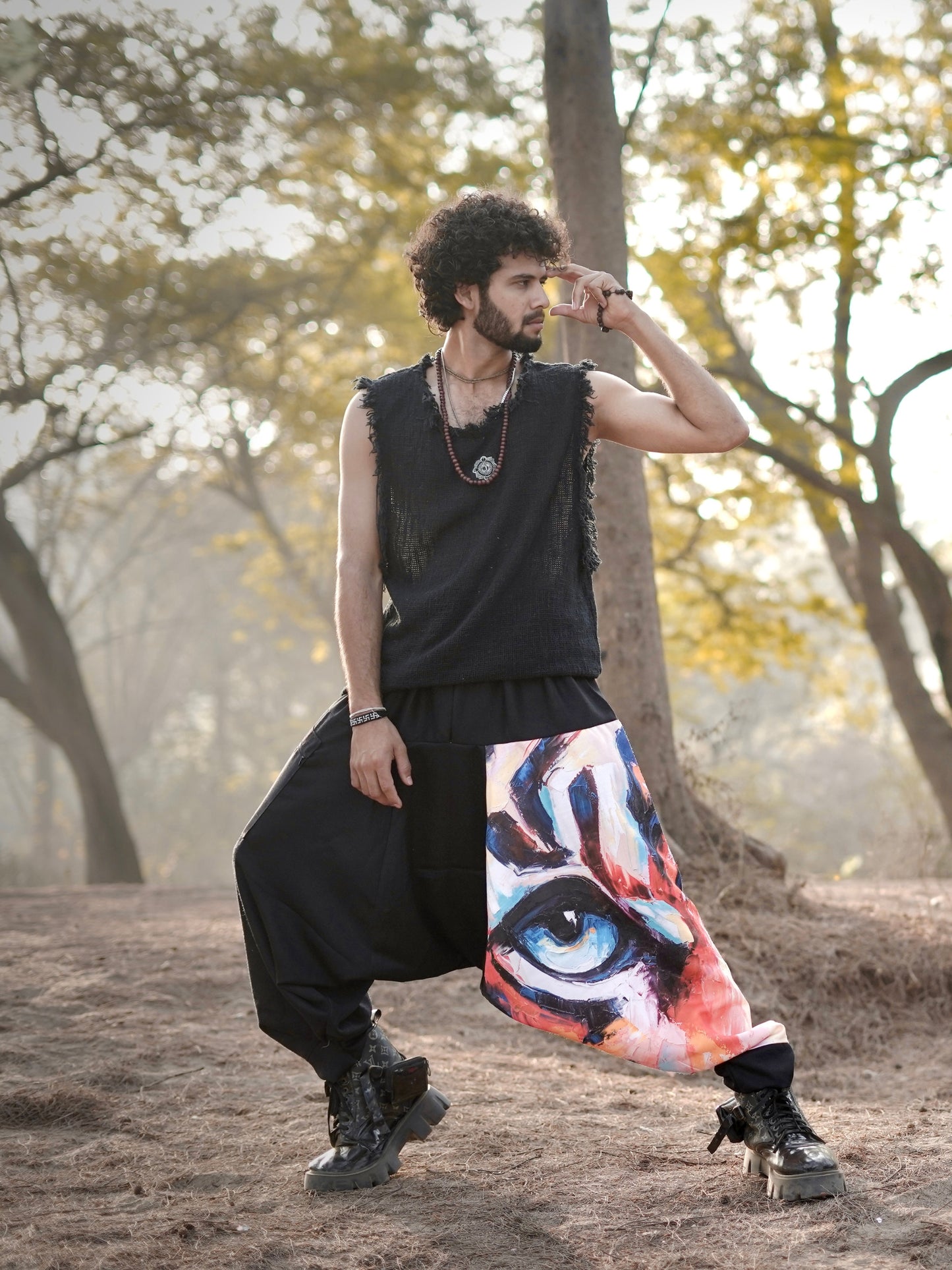 Men’s Harem Pants – Artistic Eye Print - Free Size Boho Streetwear for Dance, Travel & Yoga