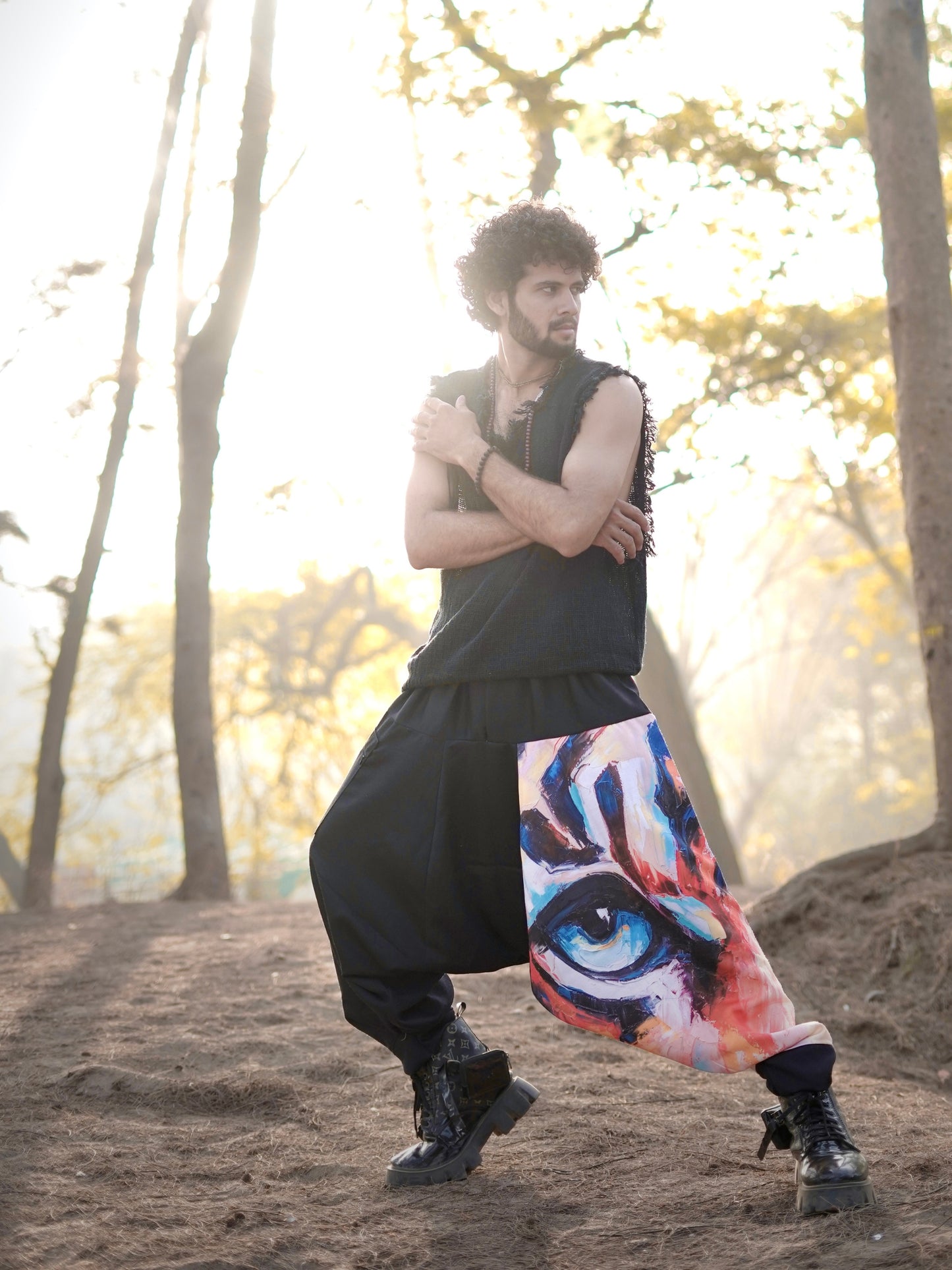 Men’s Harem Pants – Artistic Eye Print - Free Size Boho Streetwear for Dance, Travel & Yoga