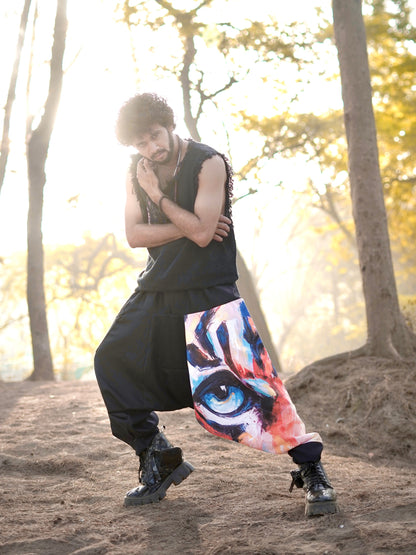 Men’s Harem Pants – Artistic Eye Print - Free Size Boho Streetwear for Dance, Travel & Yoga