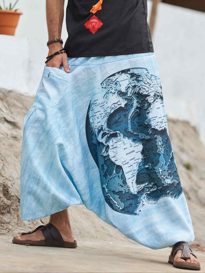 Buy Men's World Map Print Hippy Aladdin Balloon Pyjamas Harem Pants For Travel