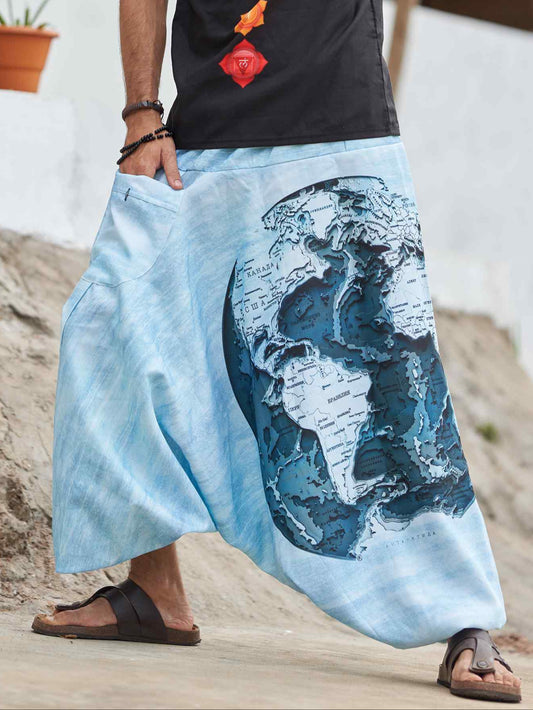 Buy Men's World Map Print Hippy Aladdin Balloon Pyjamas Harem Pants For Travel