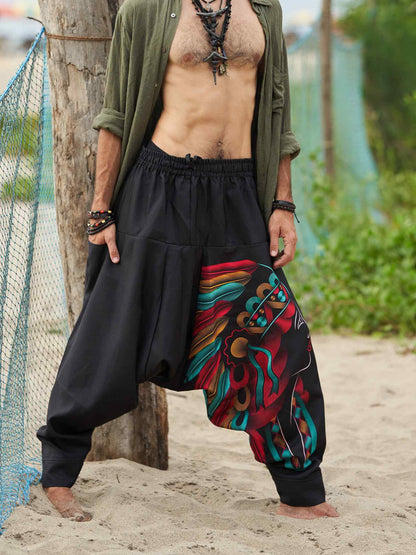 Buy Men's Tribal Feather Hat Print Hippy Harem Pants For Dance Yoga Travel