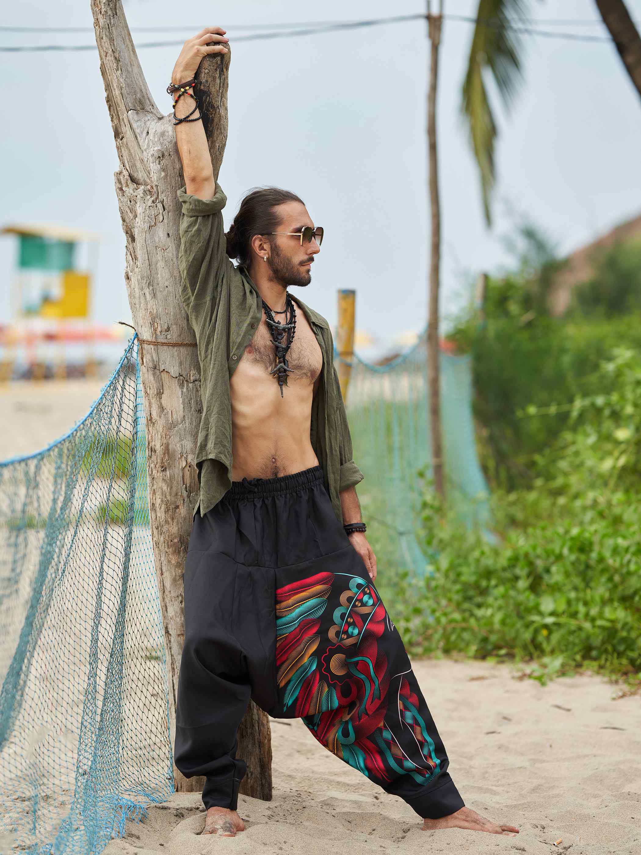 Mens Tribal Feather Hat Print Hippy Harem Pants For Dance Yoga Travel   Enimane