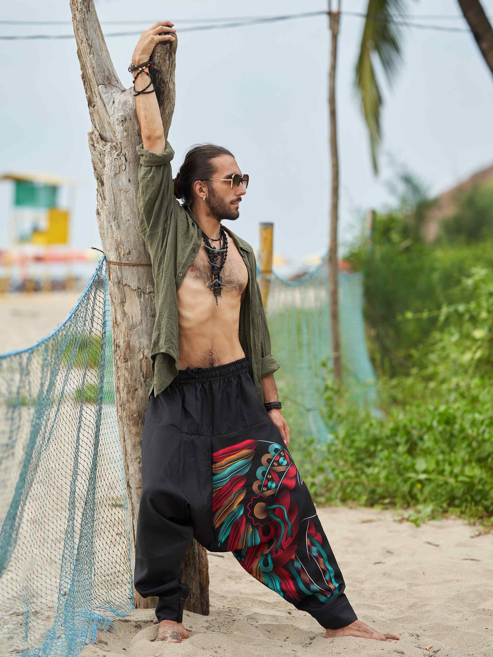 Buy Men's Tribal Feather Hat Print Hippy Harem Pants For Dance Yoga Travel