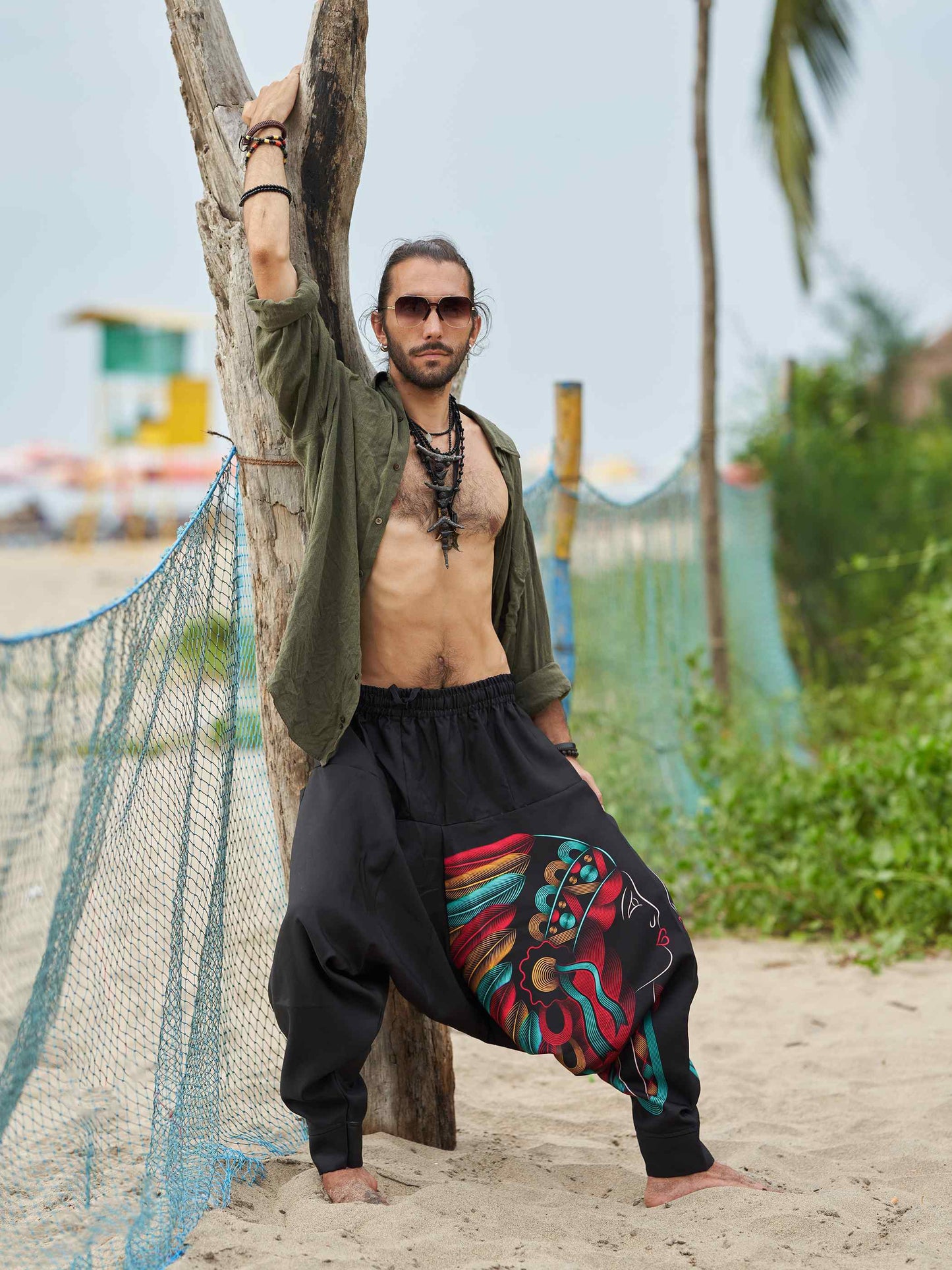 Buy Men's Tribal Feather Hat Print Hippy Harem Pants For Dance Yoga Travel