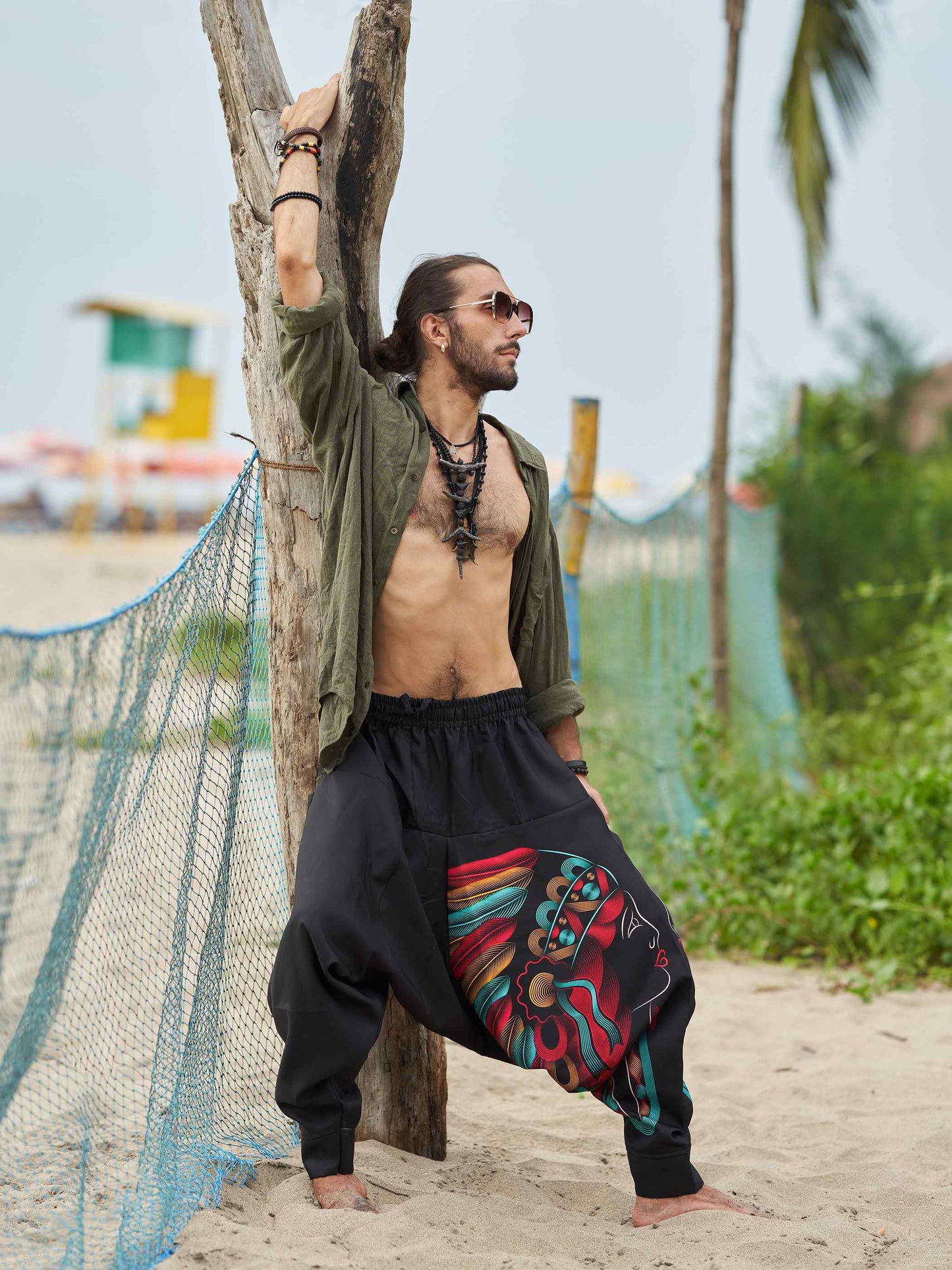 Buy Men's Tribal Feather Hat Print Hippy Harem Pants For Dance Yoga Travel