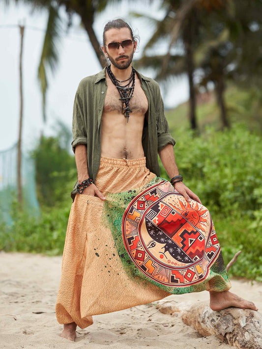 Buy Men's Sun and Moon Print Boho Genie Hippy Harem Pants For Travel Yoga Dance 