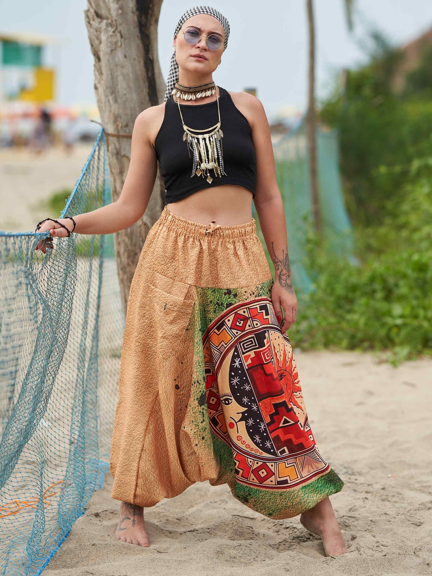 Buy Women's Sun and Moon Print Boho Genie Hippy Harem Pants For Travel Yoga Dance