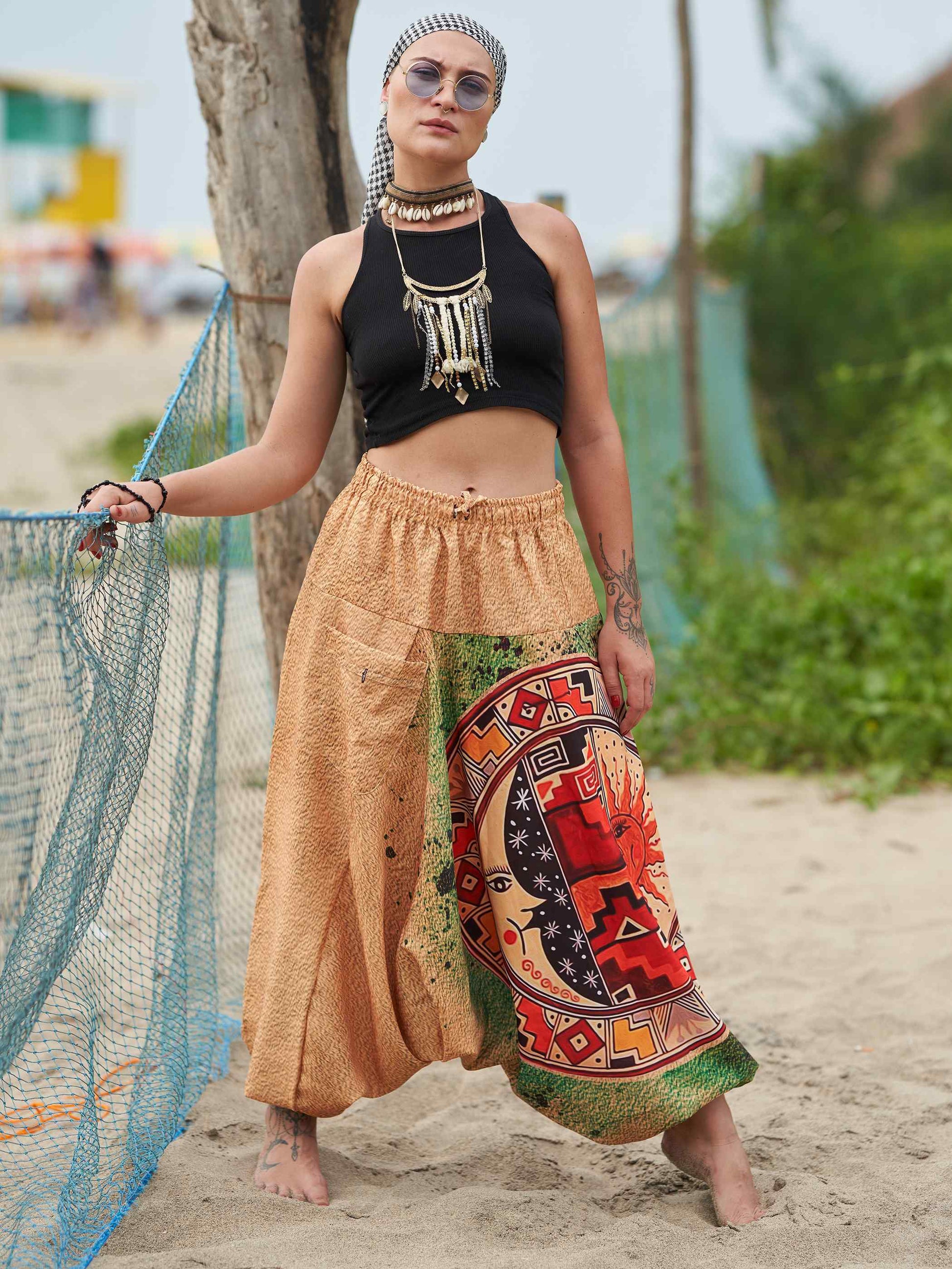Buy Women's Sun and Moon Print Boho Genie Hippy Harem Pants For Travel Yoga Dance