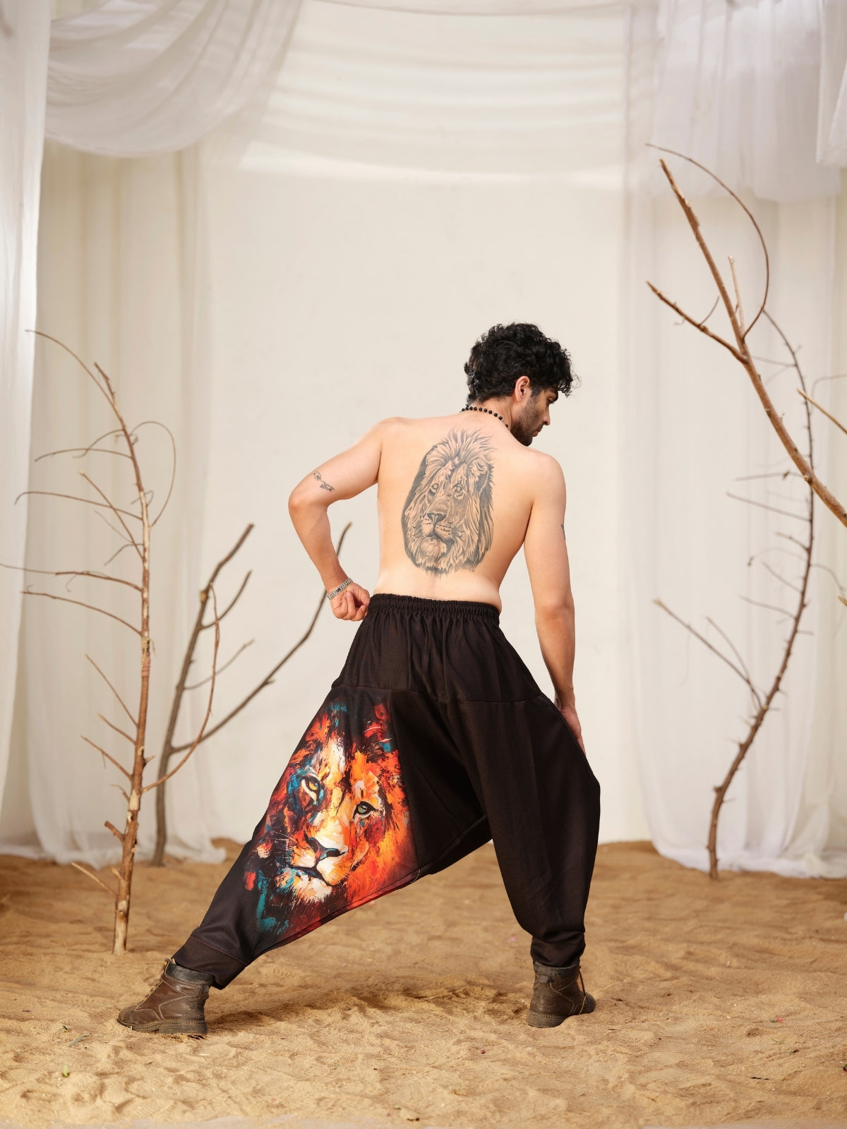 Lion Print Men’s Harem Pants – Black Streetwear for Travel, Dance & Yoga