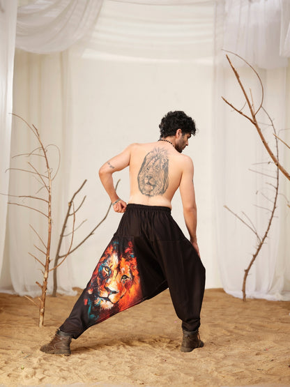 Lion Print Men’s Harem Pants – Black Streetwear for Travel, Dance & Yoga