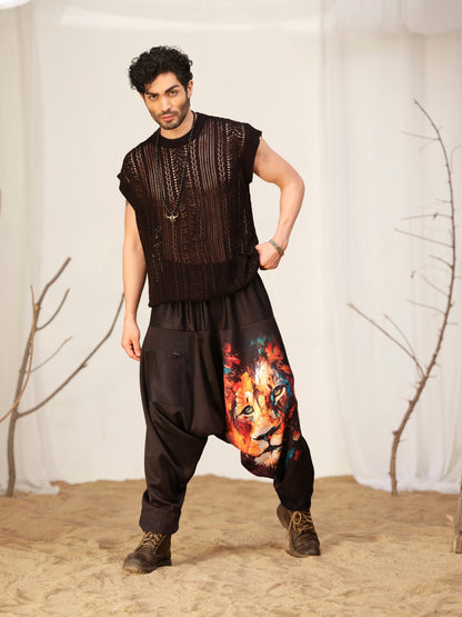 Lion Print Men’s Harem Pants – Black Streetwear for Travel, Dance & Yoga