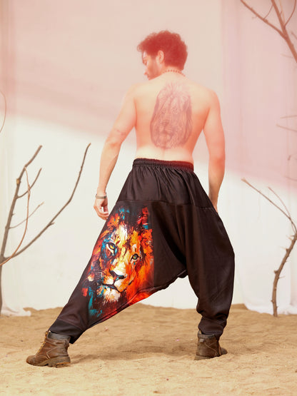 Lion Print Men’s Harem Pants – Black Streetwear for Travel, Dance & Yoga