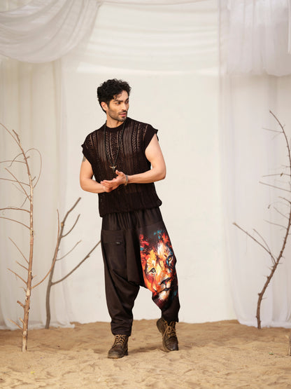 Lion Print Men’s Harem Pants – Black Streetwear for Travel, Dance & Yoga
