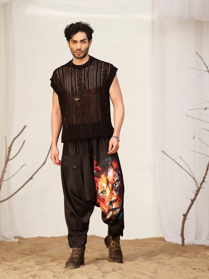 Lion Print Men’s Harem Pants – Black Streetwear for Travel, Dance & Yoga