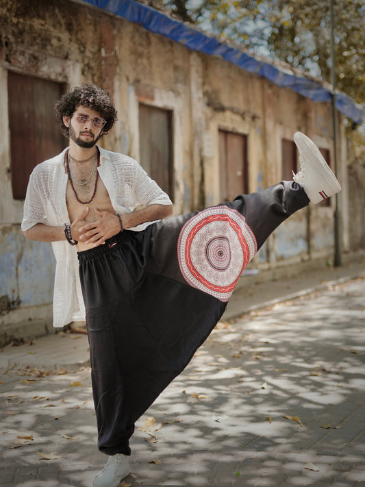 Men’s Black Harem Pants with Mandala Print – Free Size for Dance, Yoga & Travel