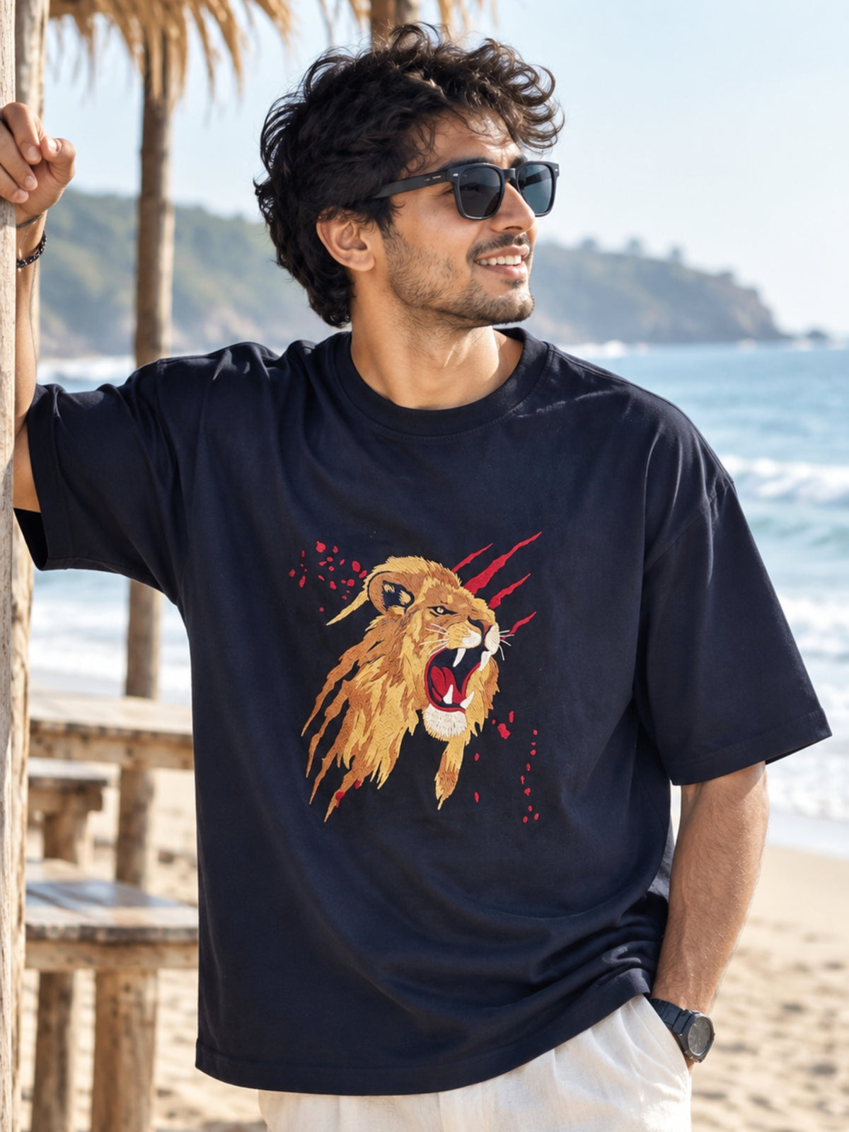 Men's Black Oversized Cotton T-Shirt | Lion Embroidery Heavy Threadwork