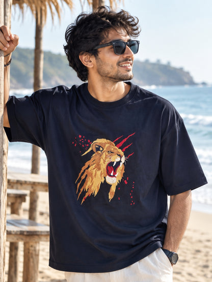 Men's Black Oversized Cotton T-Shirt | Lion Embroidery Heavy Threadwork
