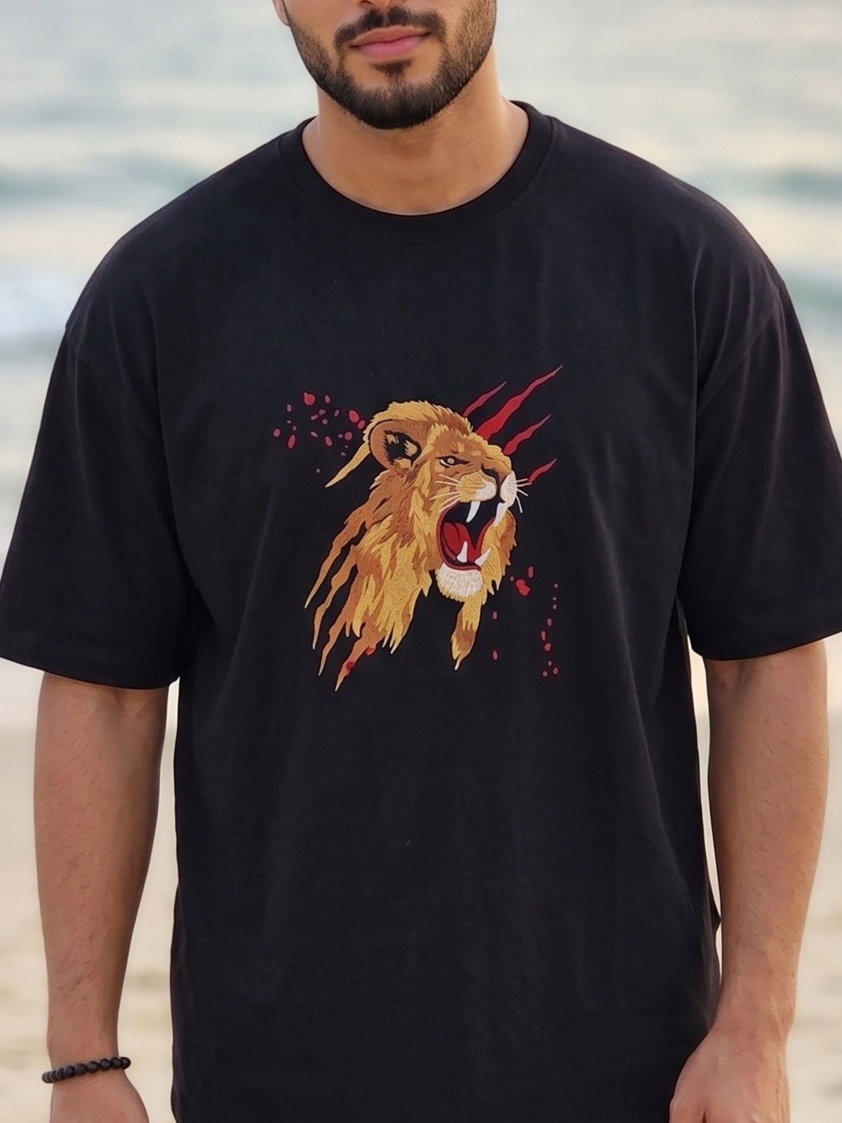 Men's Black Oversized Cotton T-Shirt | Lion Embroidery Heavy Threadwork