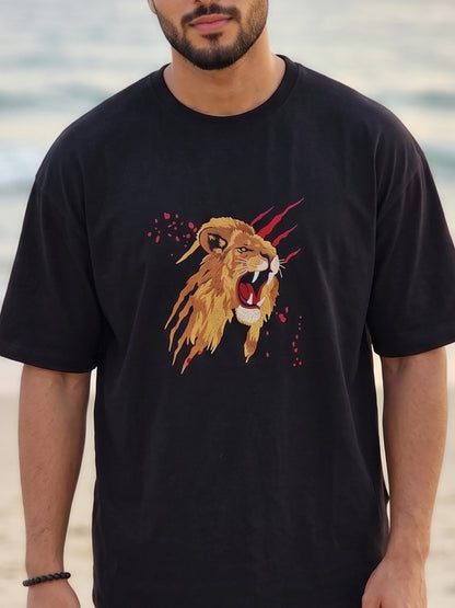 Men's Black Oversized Cotton T-Shirt | Lion Embroidery Heavy Threadwork