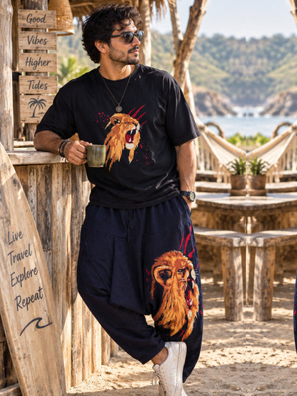 Men's Black Oversized Cotton T-Shirt | Lion Embroidery Heavy Threadwork