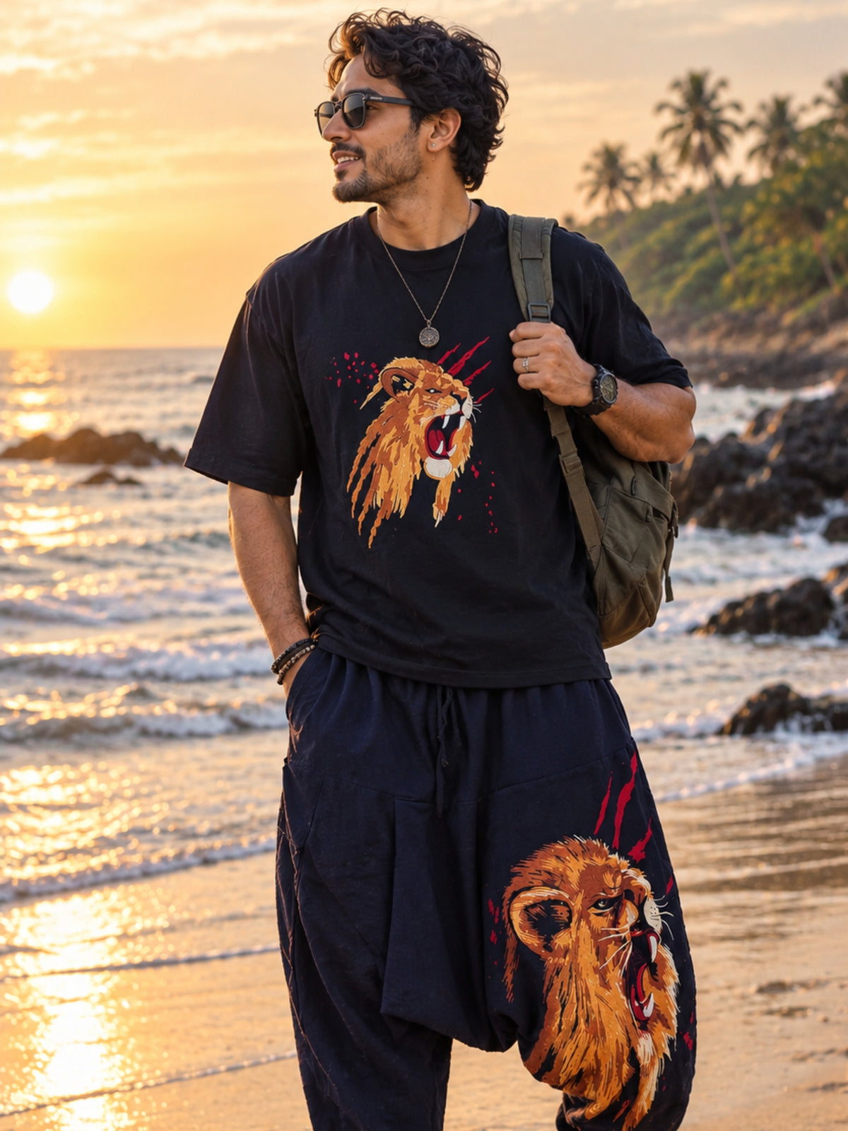 Men's Black Oversized Cotton T-Shirt | Lion Embroidery Heavy Threadwork