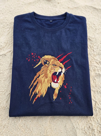 Men's Black Oversized Cotton T-Shirt | Lion Embroidery Heavy Threadwork