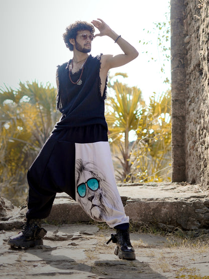 Men’s Black & White Harem Pants with Lion Print – Streetwear for Dance, Travel & Yoga