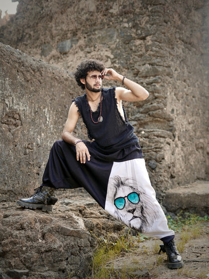 Men’s Black & White Harem Pants with Lion Print – Streetwear for Dance, Travel & Yoga