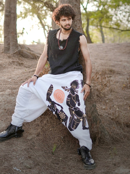 Men’s Printed White Harem Pants for Dance, Yoga, and Travel – Free Size | Boho Tribal Style