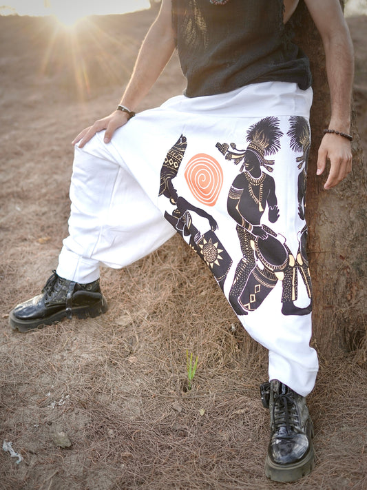 Men’s Printed White Harem Pants for Dance, Yoga, and Travel – Free Size | Boho Tribal Style