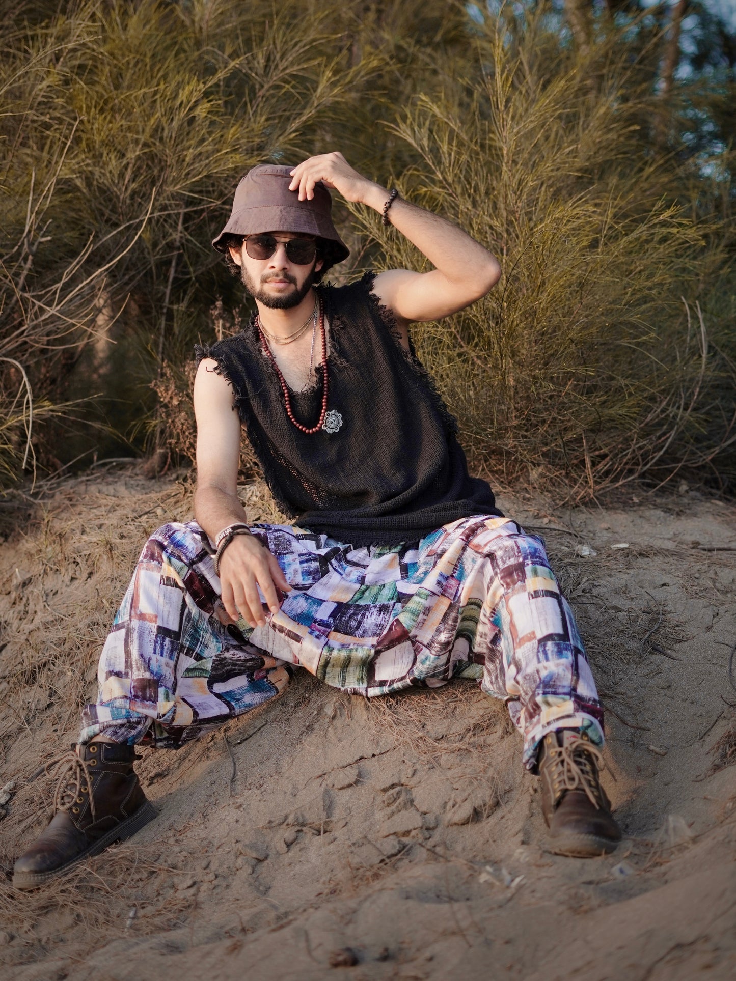 Men’s Multicolor Abstract Print Harem Pants – Free Size Boho Style for Dance, Travel & Yoga