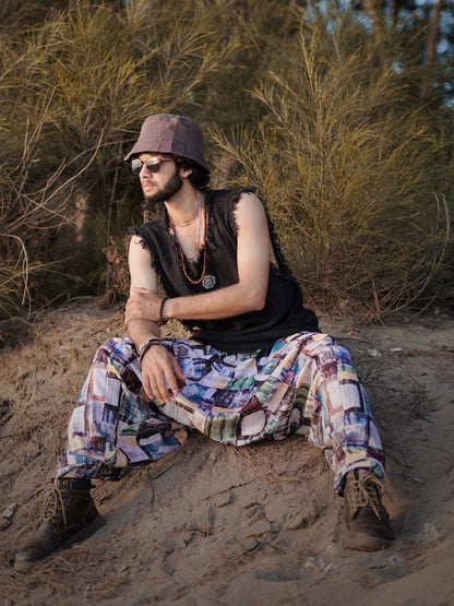 Men’s Multicolor Abstract Print Harem Pants – Free Size Boho Style for Dance, Travel & Yoga