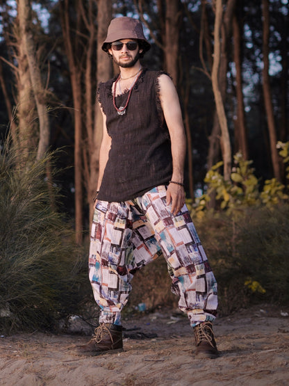Men’s Multicolor Abstract Print Harem Pants – Free Size Boho Style for Dance, Travel & Yoga
