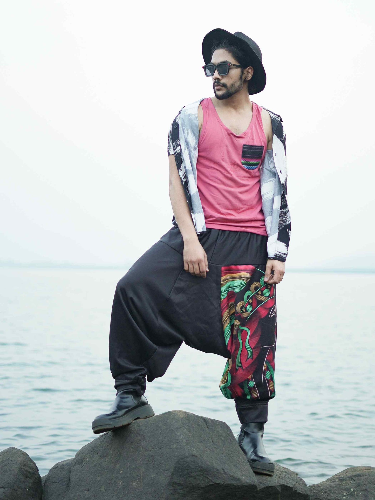 Men's Feather Hat Black Print Hippy Harem Pants For Dance Yoga Travel