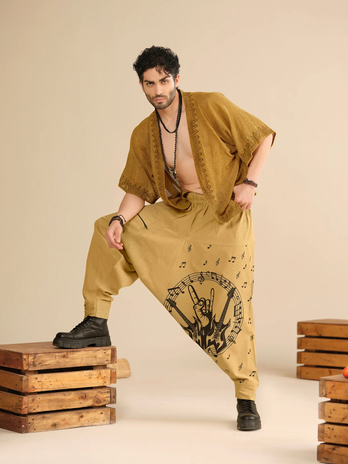 Men's Pure Cotton Harem Pants – Music Print Linen Texture Dance Travel Yoga Hippypant enimane.myshopify.com