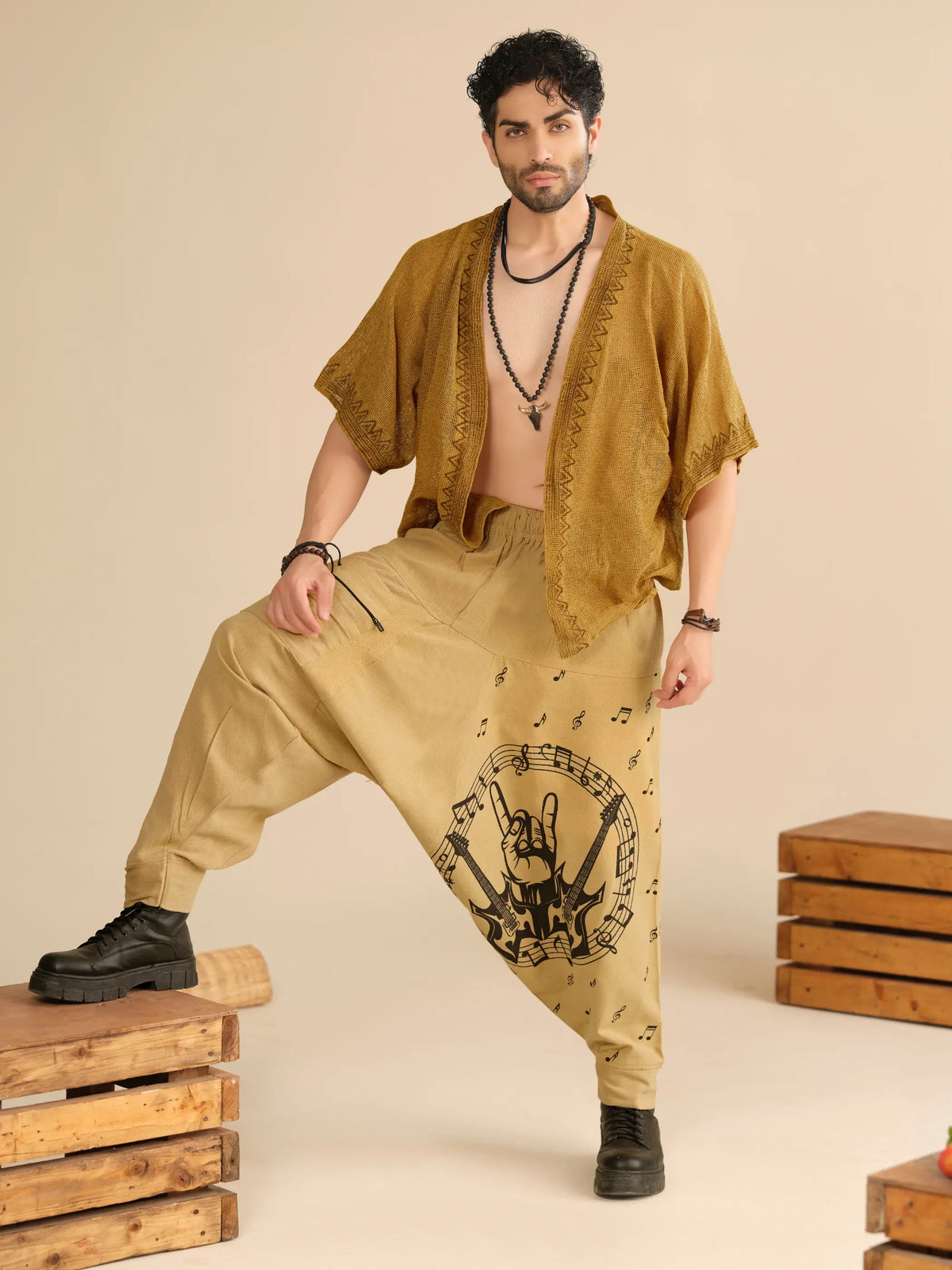 Men's Pure Cotton Harem Pants – Music Print Linen Texture Dance Travel Yoga Hippypant enimane.myshopify.com