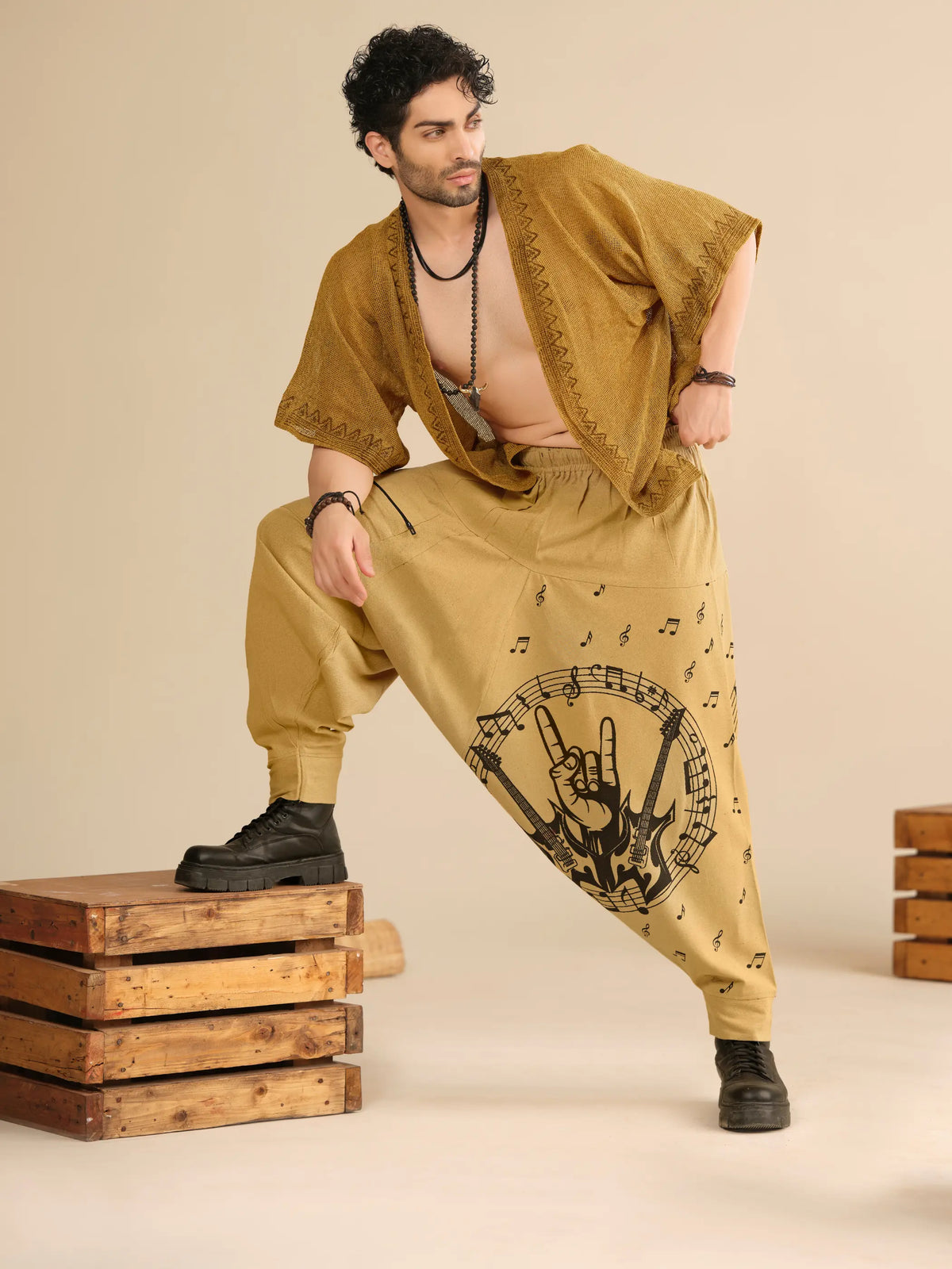 Men's Pure Cotton Harem Pants – Music Print Linen Texture Dance Travel Yoga Hippypant enimane.myshopify.com