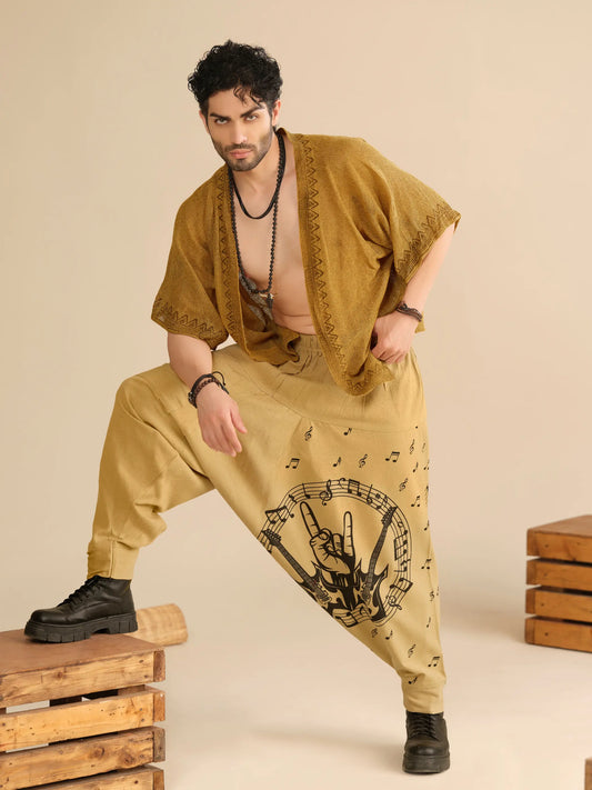 Men's Pure Cotton Harem Pants – Music Print Linen Texture Dance Travel Yoga Hippypant enimane.myshopify.com