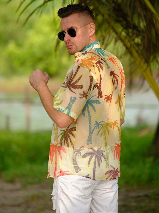 Men's Sunlit Palms Printed Beach Travel Shirt