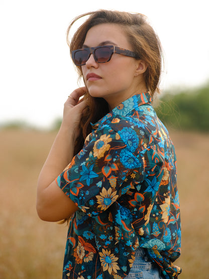 Women's Floral Oversized Net Azure Stylish Shirt For Travel