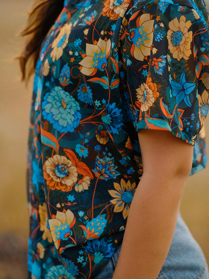 Women's Floral Oversized Net Azure Stylish Shirt For Travel