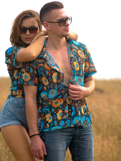 Men's Floral Oversized Net Azure Stylish Shirt For Travel