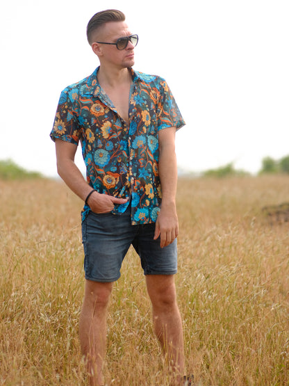 Men's Floral Oversized Net Azure Stylish Shirt For Travel