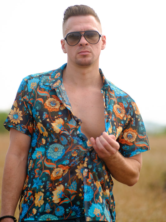 Men's Floral Oversized Net Azure Stylish Shirt For Travel