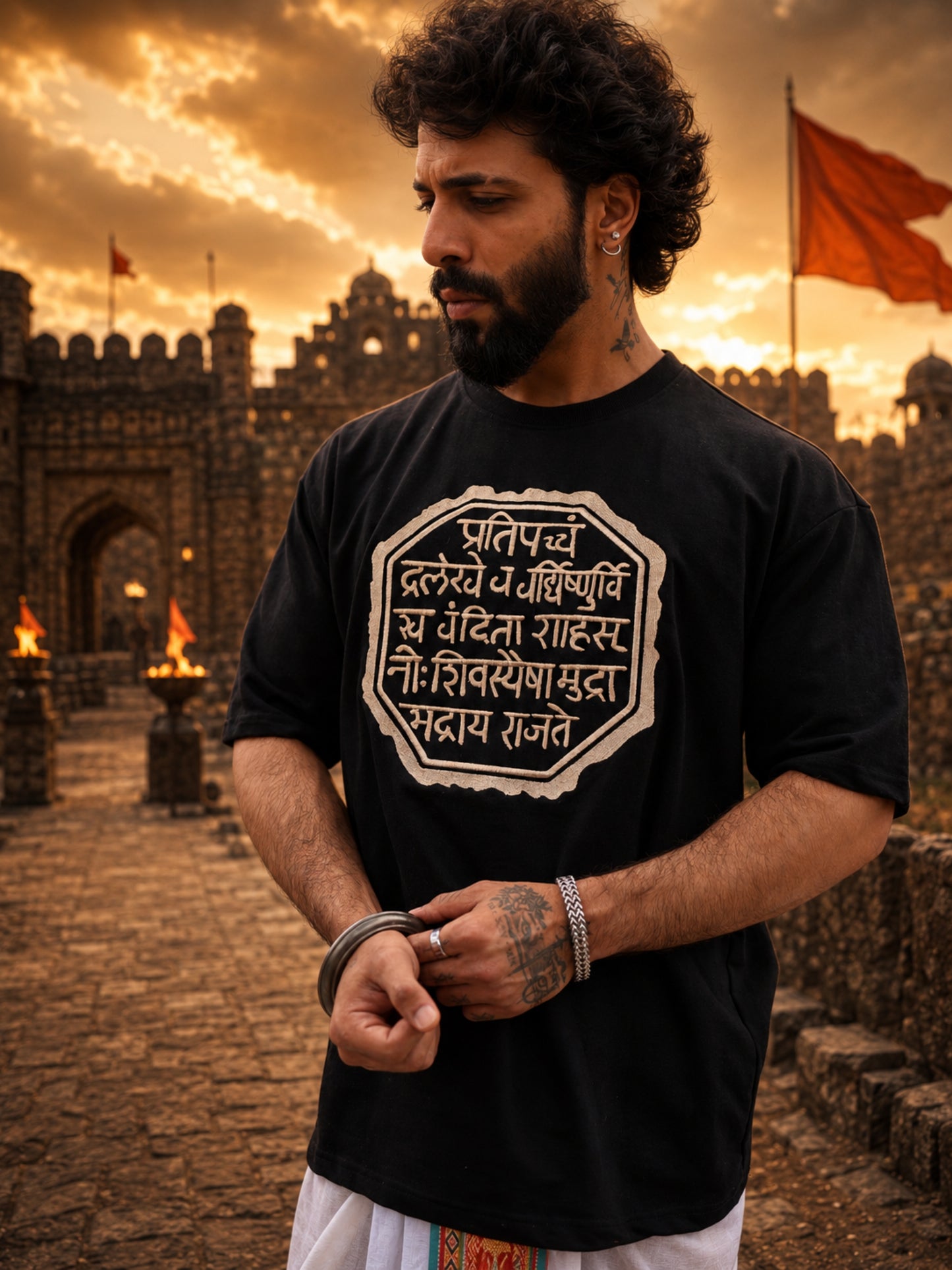 Men's Zari Embroidered Oversized T-Shirt | Shivaji Maharaj Rajmudra
