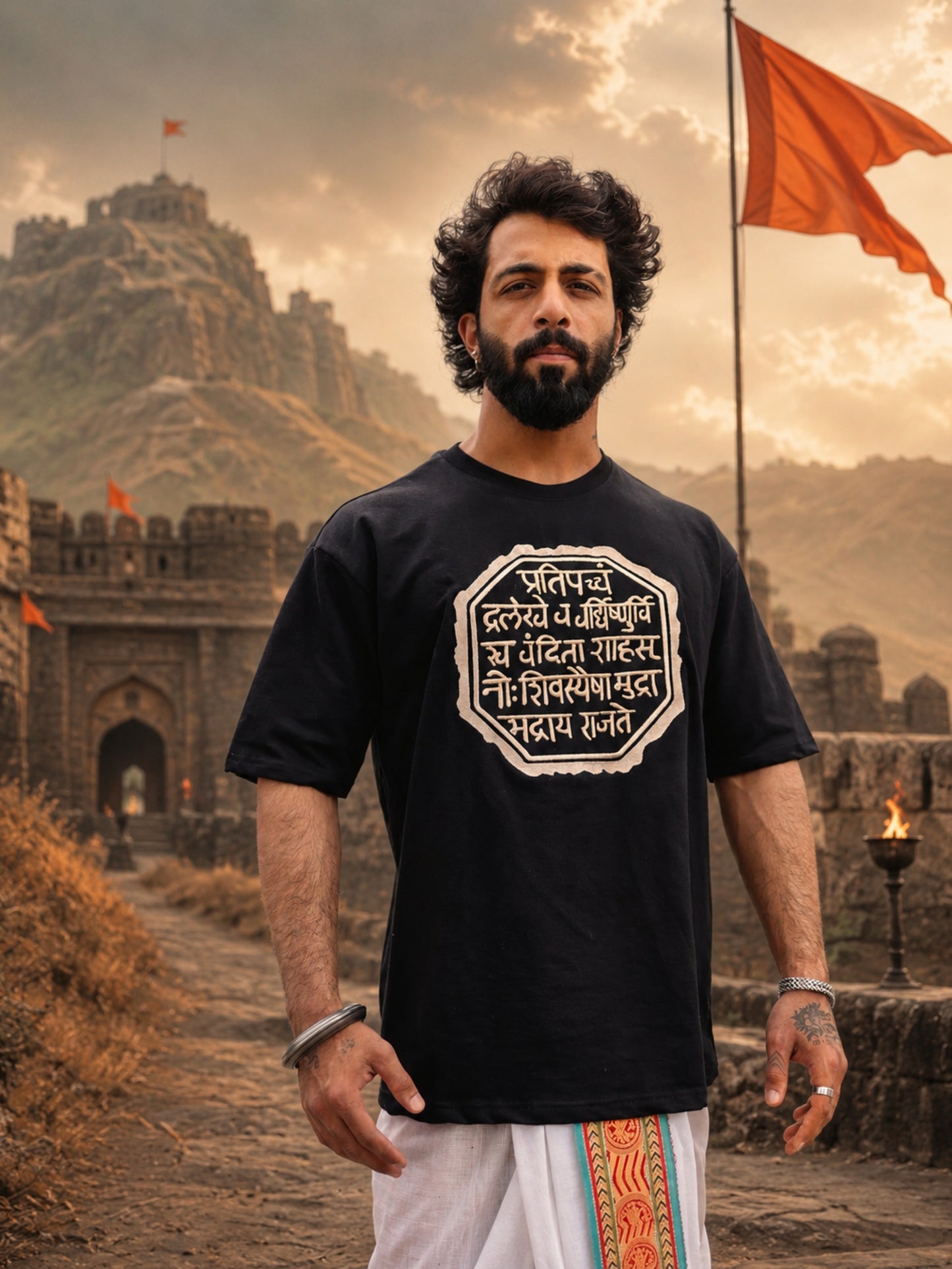 Men's Zari Embroidered Oversized T-Shirt | Shivaji Maharaj Rajmudra