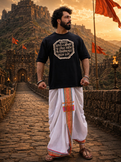 Men's Zari Embroidered Oversized T-Shirt | Shivaji Maharaj Rajmudra