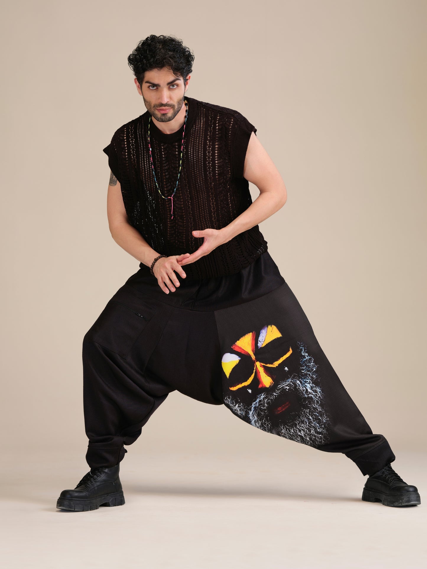 Enimane Aghori Print Men's Black Harem Pants – Back View