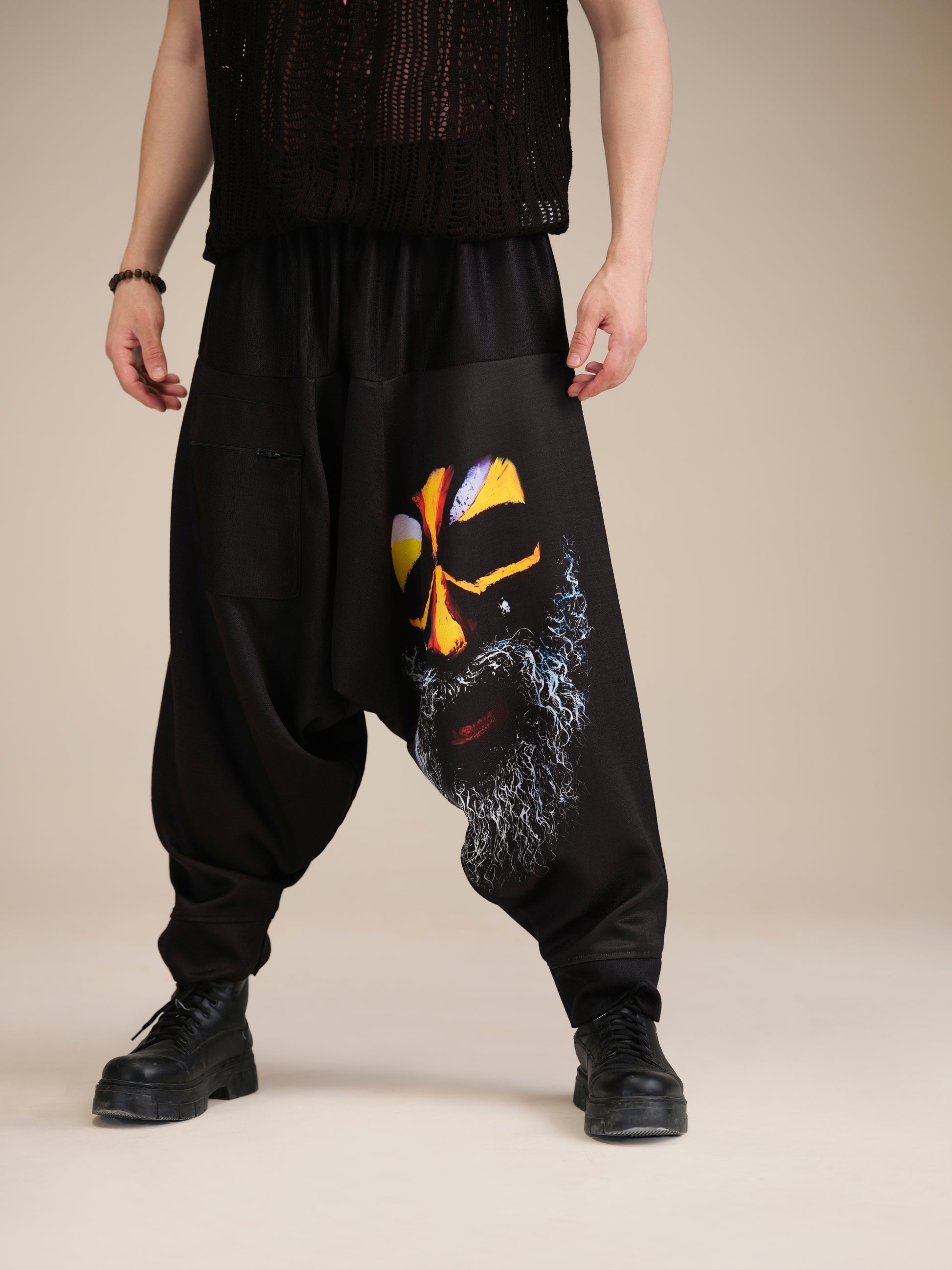 Enimane Aghori Print Men's Black Harem Pants – Side Pose